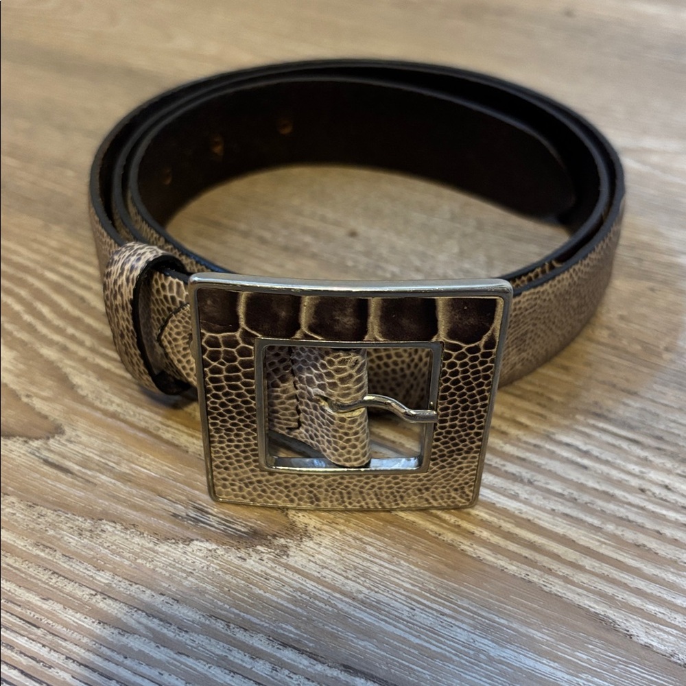Brown Textured Leather Belt with Silver Buckle